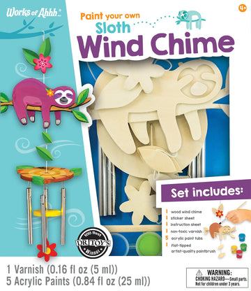 Works of Ahhh... Sloth Wind Chime Craft Kit - Classic Wood Paint Set for Kids, Includes Real Wood, Paints & Instructions