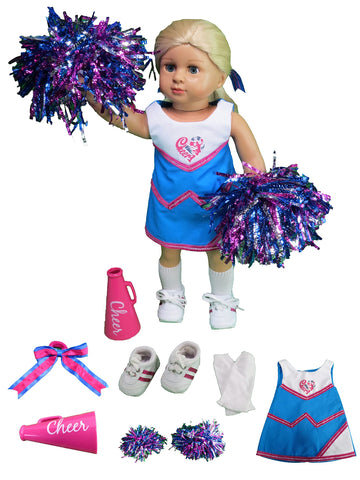 American Fashion World Pink and Blue Cheer Uniform for 18-inch Dolls| 6 Piece Set | Premium Quality & Trendy Design