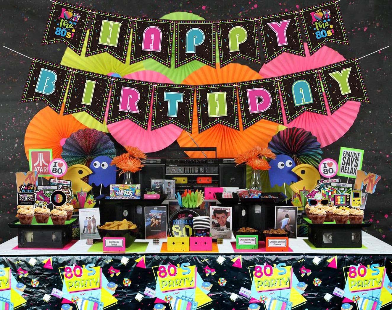 80s Party Supplies - Back to the 80s Party Decorations Set Including HAPPY BIRTHDAY Banner, Hanging Swirls, 80s Element Bunting, Plates, Cups