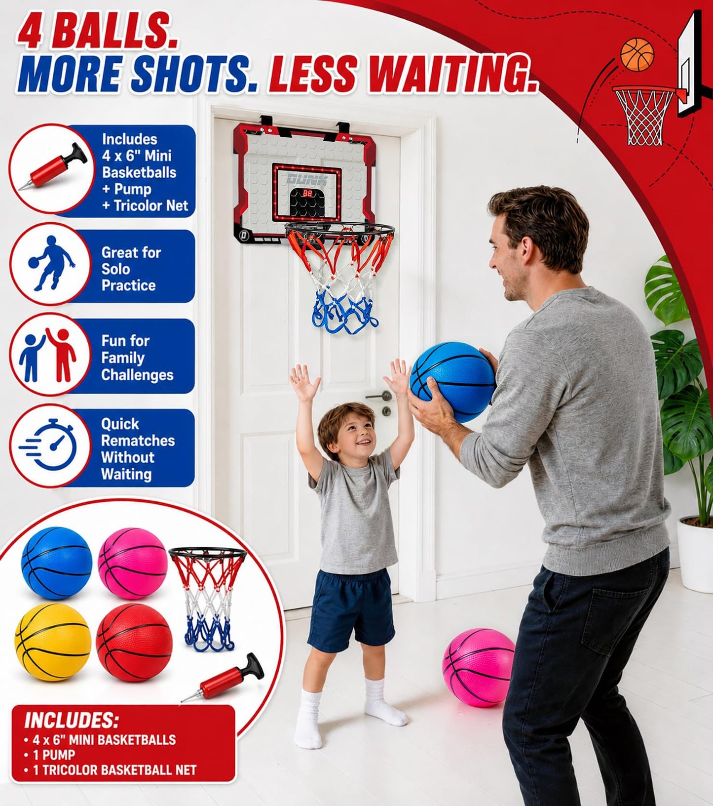 LAO XUE Indoor Basketball Hoop for Kids,Mini Hoop with LED Scoreboard