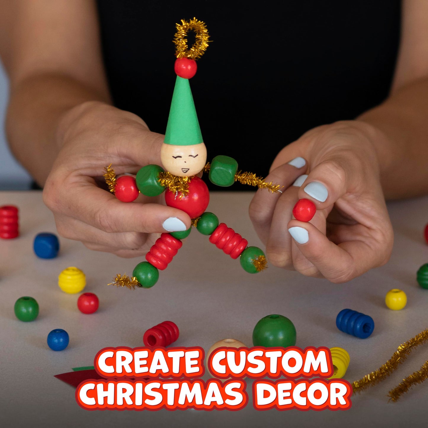 READY 2 LEARN Christmas Crafts - Create Your Own Bead Elves - Set of 4 - DIY Ornaments for Kids - Christmas Tree Decoration - All Materials Included