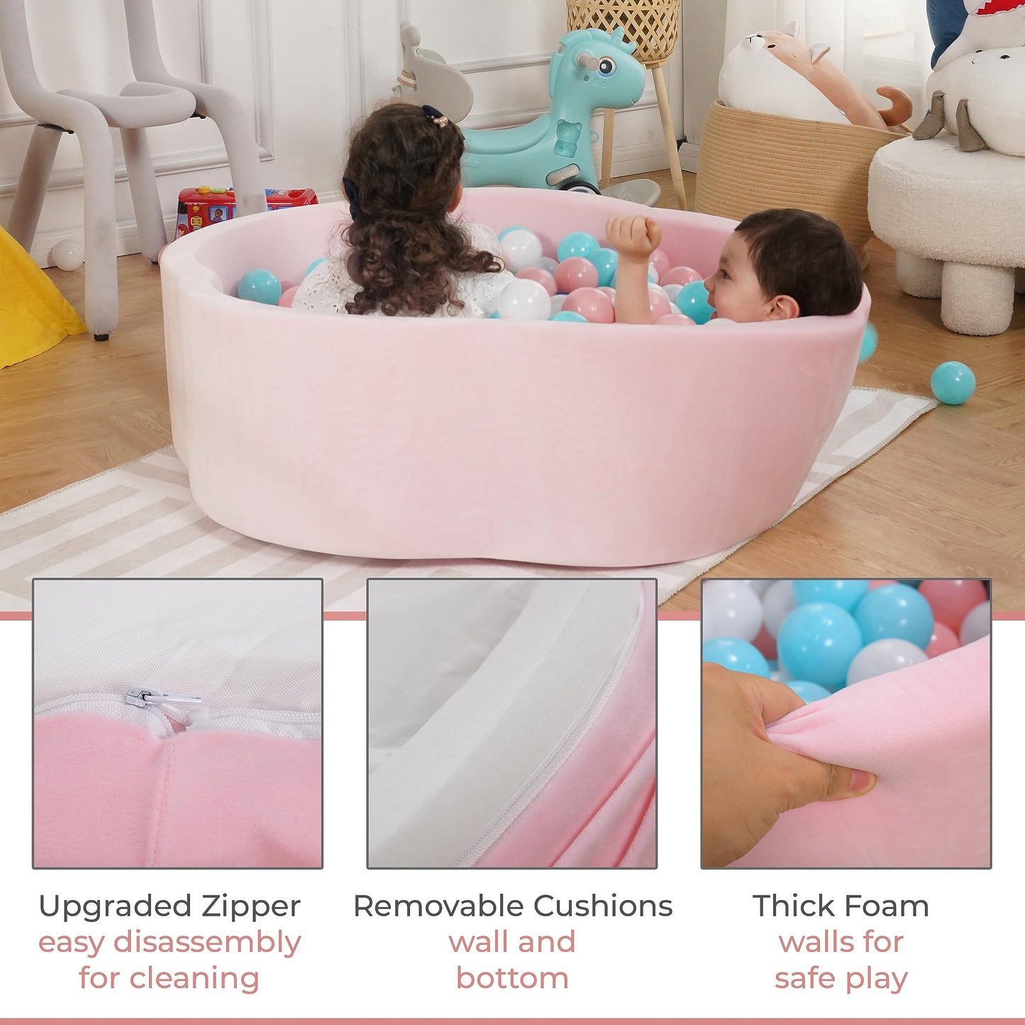 ZYSMALAT Baby Ball Pit - Premium Velvet Memory Foam Ball Pit for Toddlers 1-3 and Babies - Large Pink Flower Baby Ballpit - Indoor Soft Play Equipment