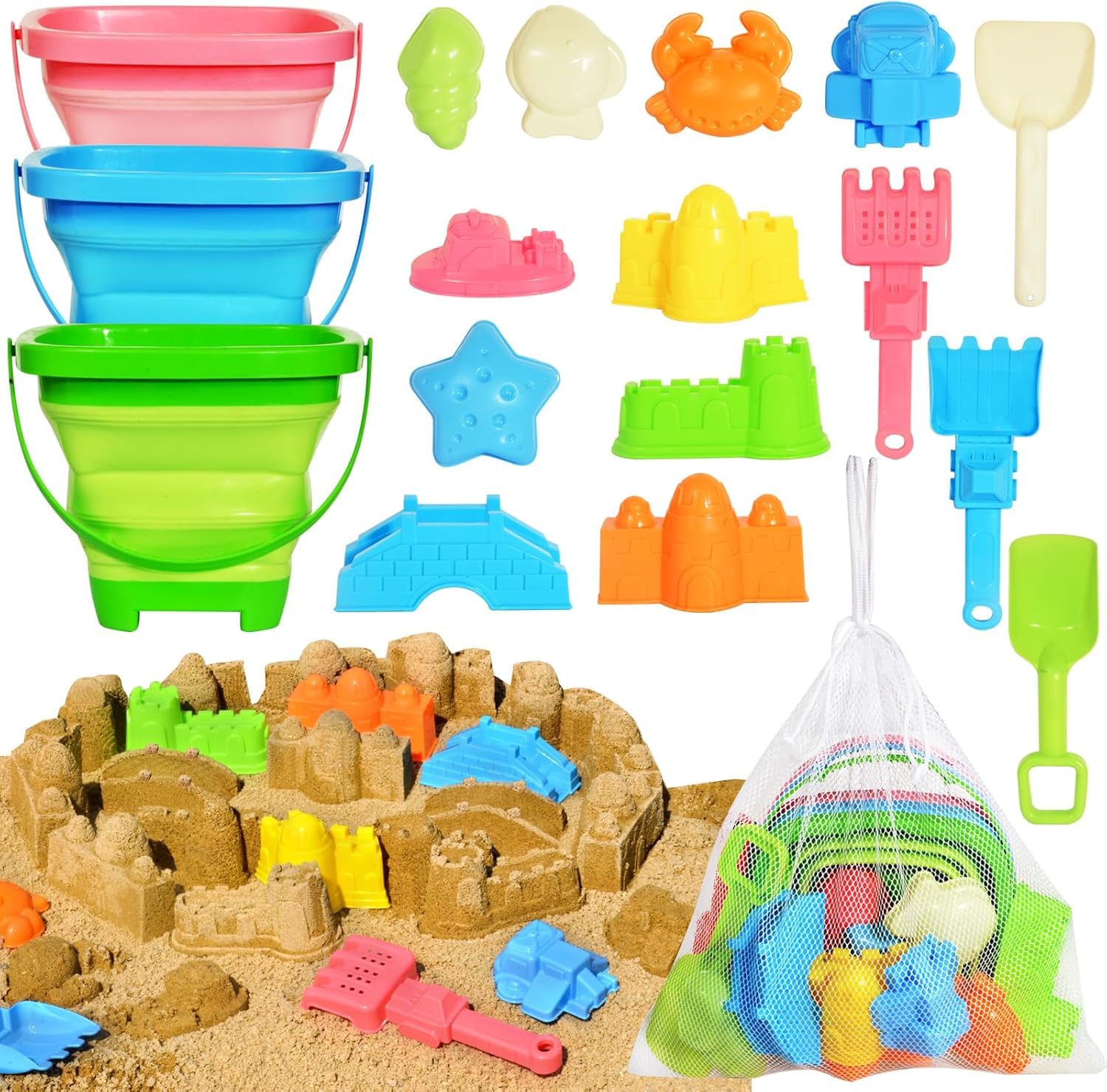 DGFCK Collapsible Beach Sand Toys for Kids Toddlers,Travel Beach Toys with 3 Collapsible Sand Buckets,Shovels,Mesh Bags,Sand Molds,Castle Toys