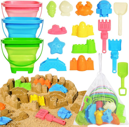 DGFCK Collapsible Beach Sand Toys for Kids Toddlers,Travel Beach Toys with 3 Collapsible Sand Buckets,Shovels,Mesh Bags,Sand Molds,Castle Toys