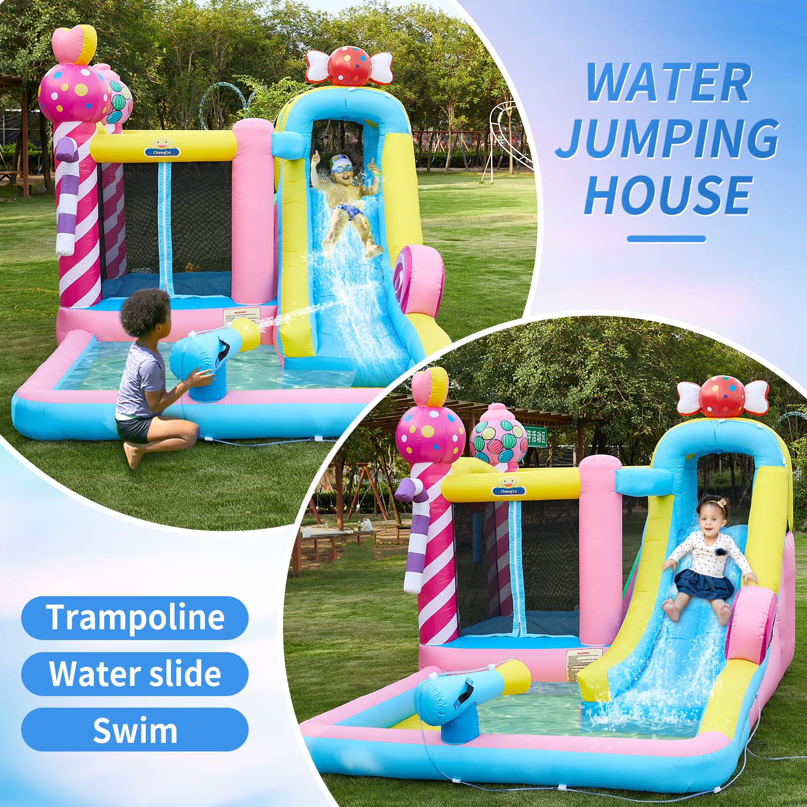 Inflatable Water Slide Bounce House for Kids,Candy Style,Bouncy Castle W/Air Blower, Splash Pool, Climbing Wall, Water Cannon, 840D Oxford, Birthday