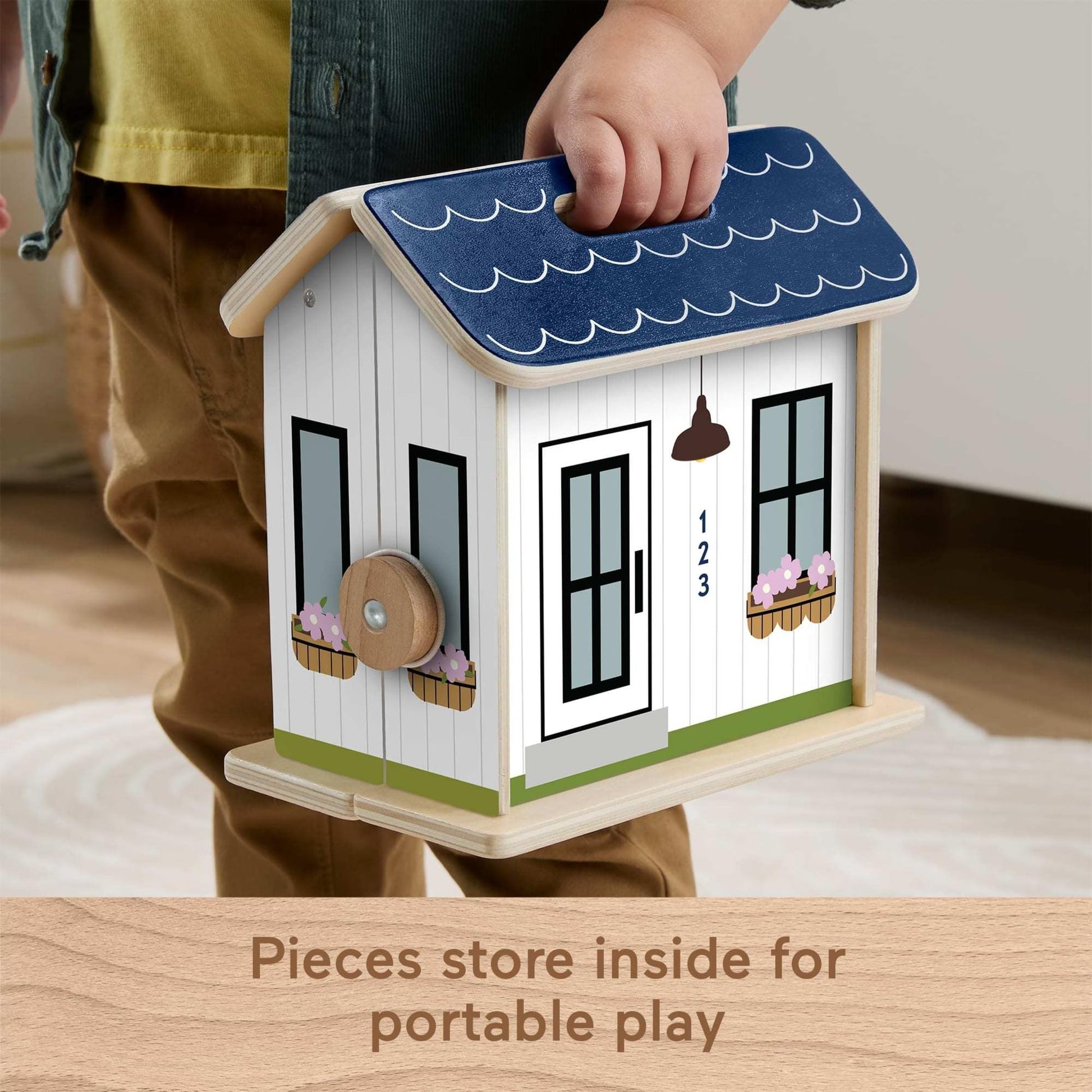 Fisher-Price Wood Pretend Play Toy Dollhouse, 6-Piece Wooden House Playset for Travel Preschool Kids Ages 3+ Years