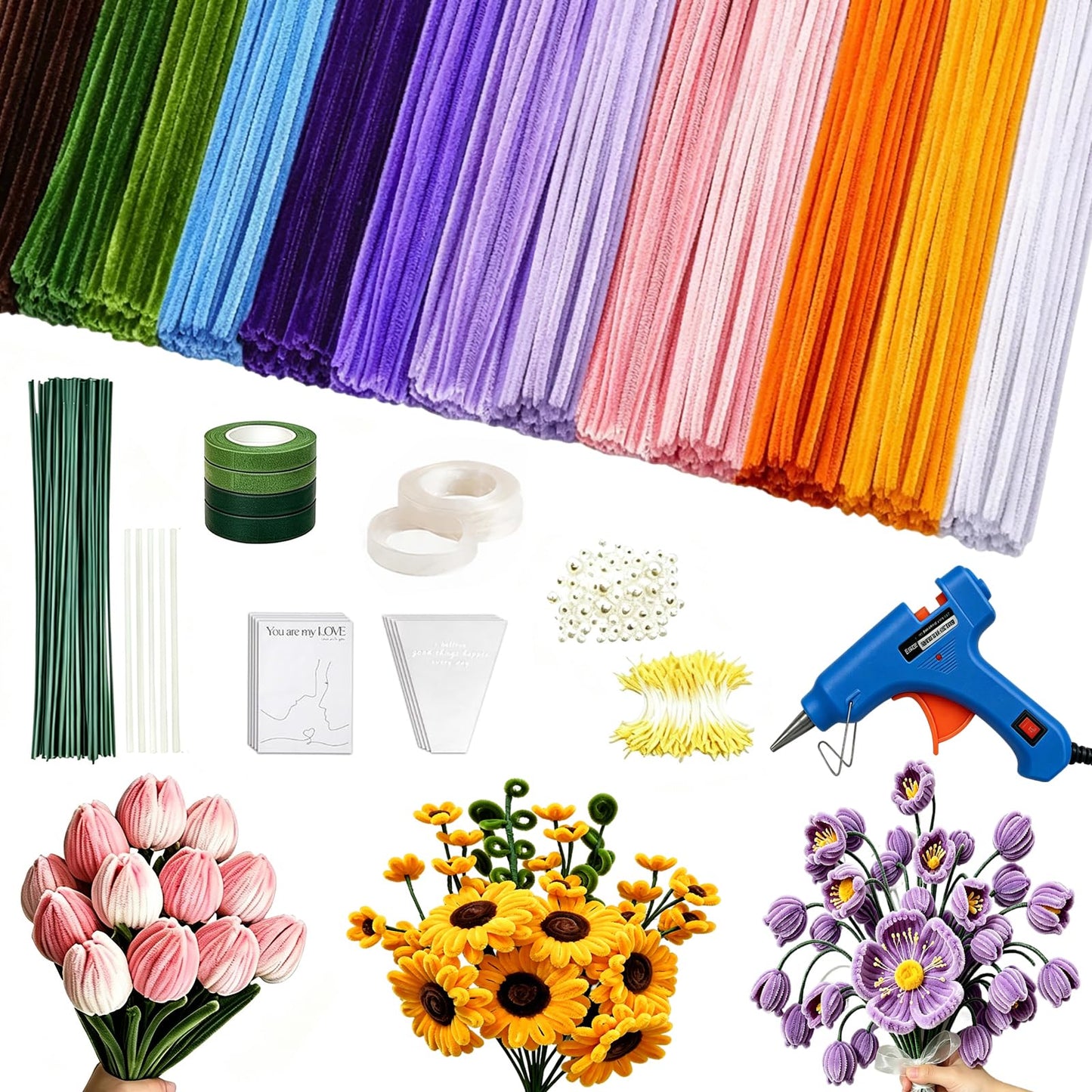 800 PCS Pipe Cleaners Bulk Flowers Kit, Pipe Cleaners Craft with Handle, 13 Colors Chenille Stems with Full Set of Tools, DIY Art Craft