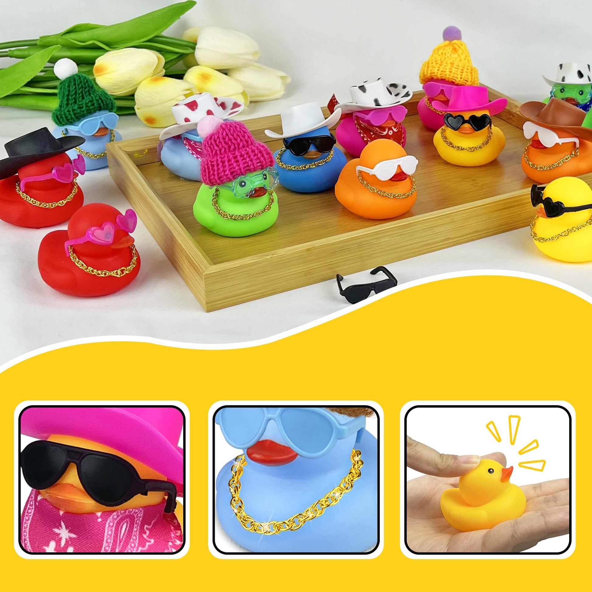 16Set 64PCS Mini Duck Toys Bulk Decoration with Hat Scarf Necklace Sunglasses Cute Tiny Duck Figurines for Kids Teens Birthday Baby Shower Swimming