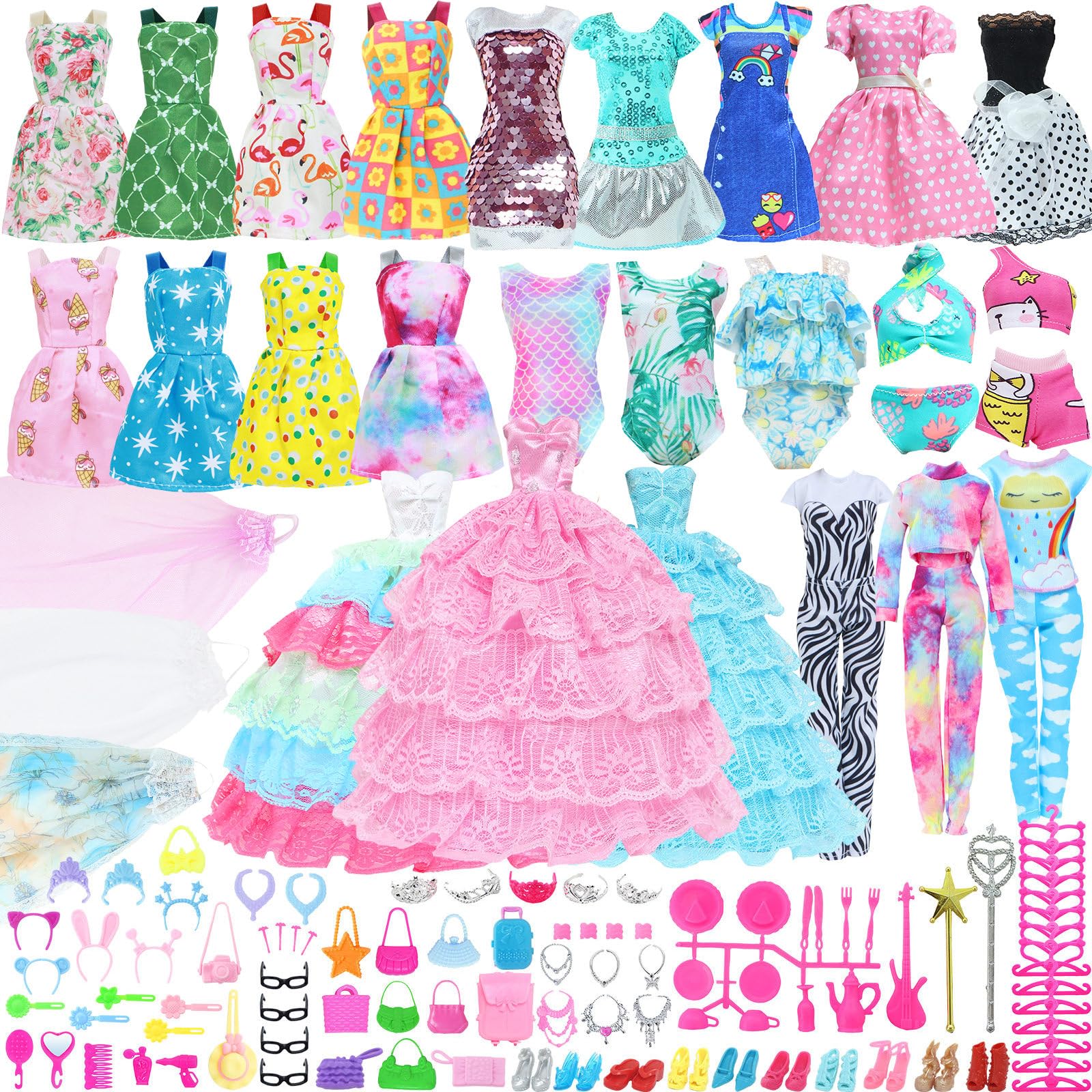 BJDBUS 127 Pcs Doll Wardrobe with Clothes and Accessories, Closet Set for 11.5 Inch Girl Doll Storage Wedding Gown Fashion Dresses Skirts Tops Pants