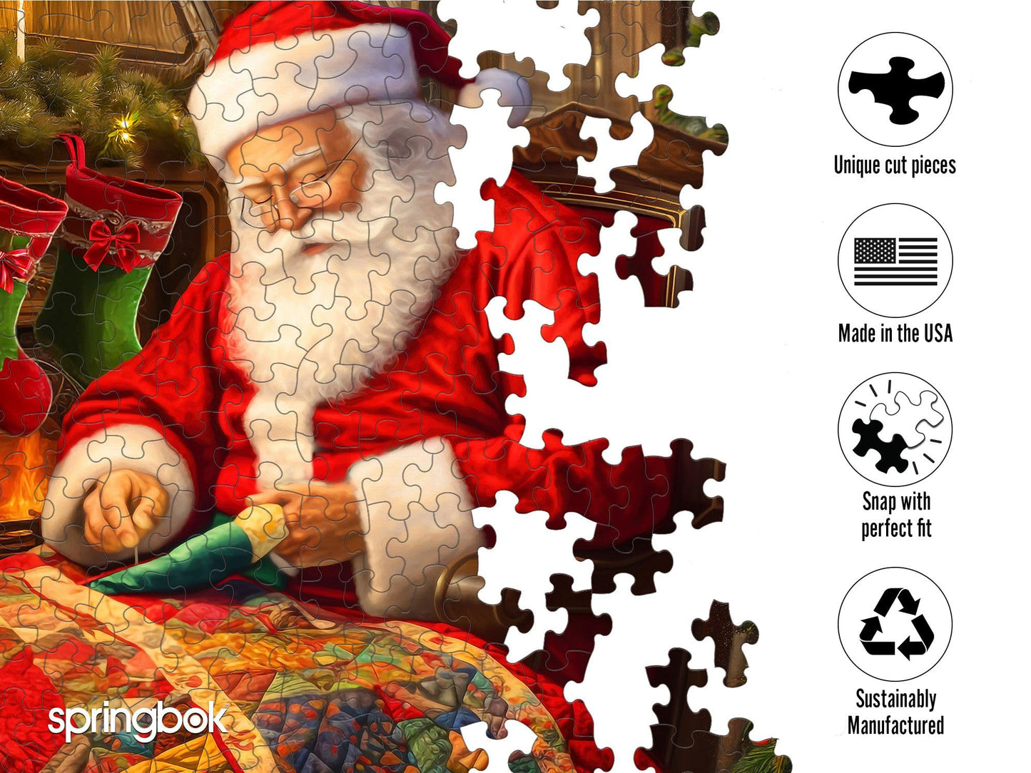 Springbok Quilting Santa 1000 Piece Jigsaw Puzzle for Adults - Unique Cut Pieces - Made in USA