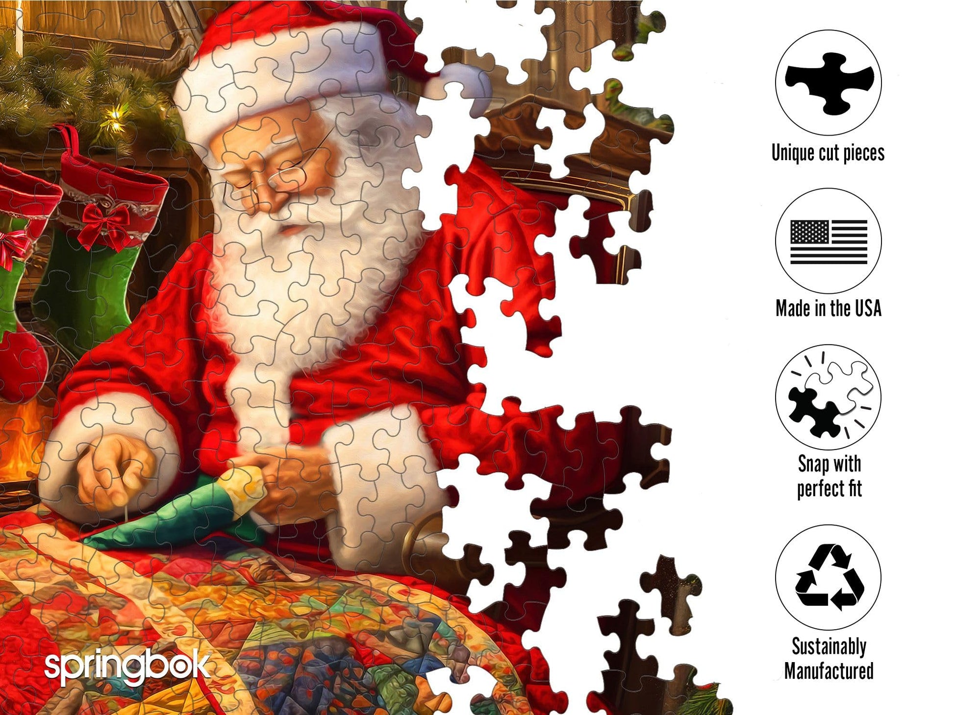 Springbok Quilting Santa 1000 Piece Jigsaw Puzzle for Adults - Unique Cut Pieces - Made in USA