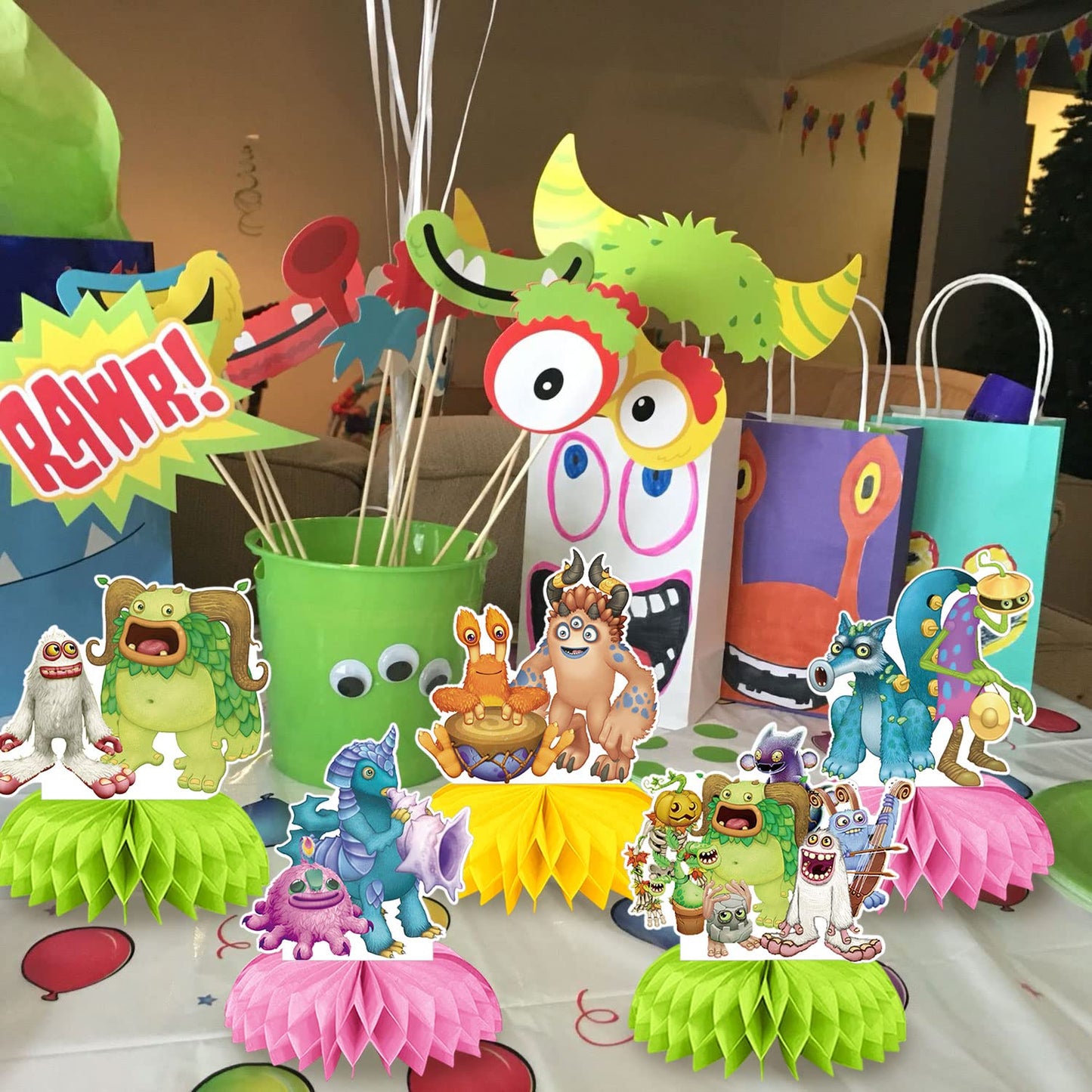 Singing Monsters Party Decorations Honeycomb Centerpiece, 7 Pieces Music Game 3D Double Side Cake Toppers Table Centerpieces, Monsters Photo Backdrop