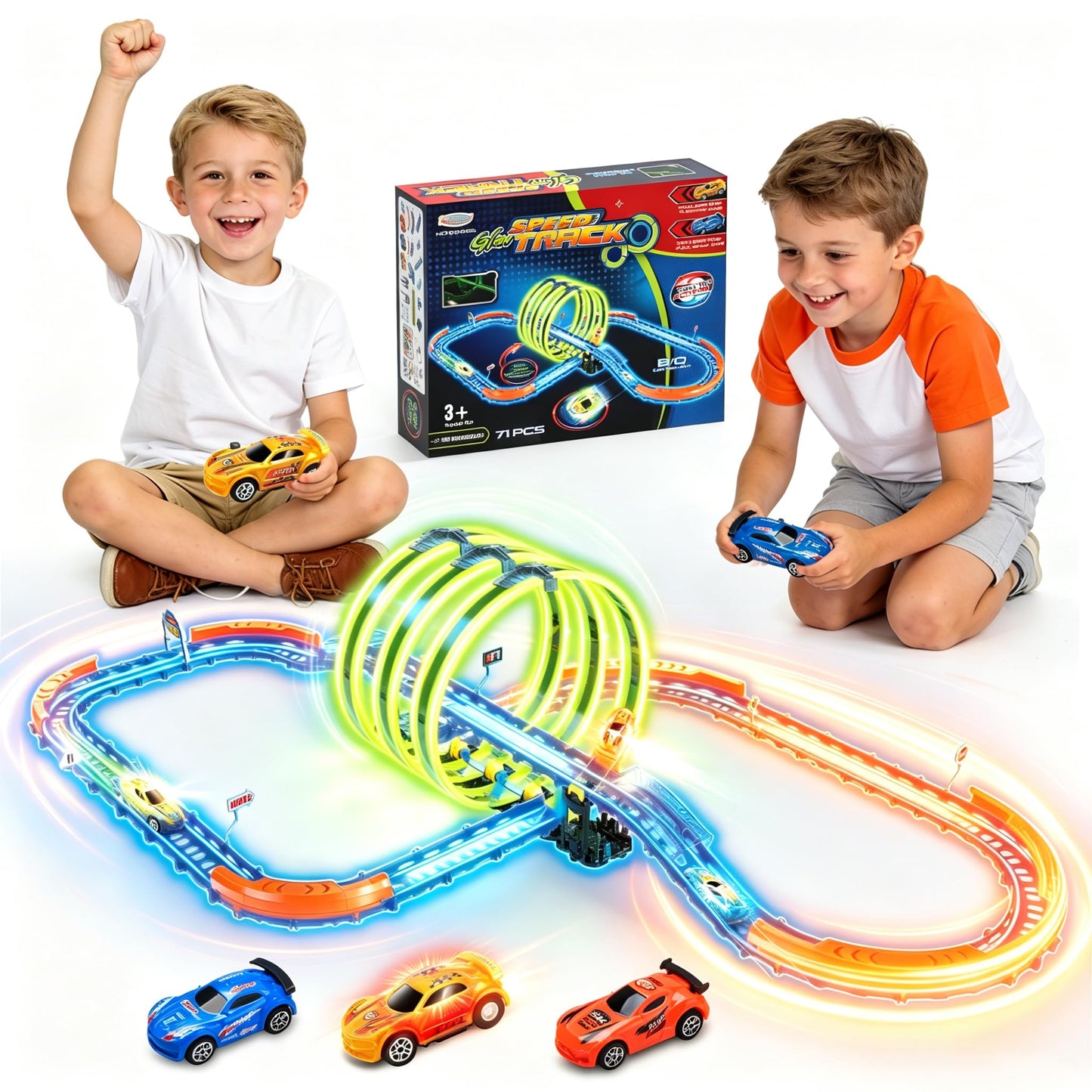 Glow Toy Car Race Track Set, 71 Pcs Glow-in-The-Dark Tracks for Kids Ages 3-8, Electric Speed Car Light-Up Whole Slot Track, Track-Building with 360°