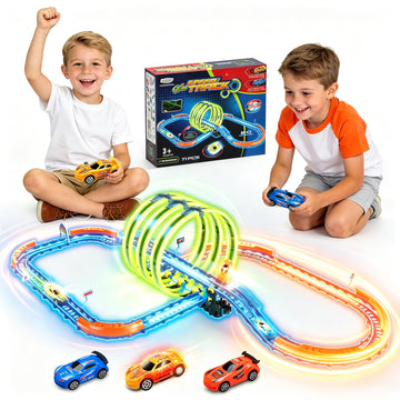 Glow Toy Car Race Track Set, 71 Pcs Glow-in-The-Dark Tracks for Kids Ages 3-8, Electric Speed Car Light-Up Whole Slot Track, Track-Building with 360°
