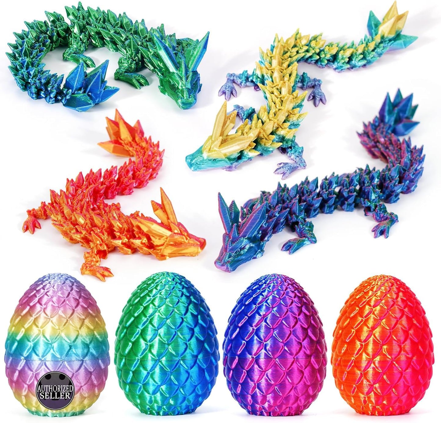 TBOLINE 4PCS 3D Printed Dragon Egg, Articulated Crystal Small Animals Treasure Box Prizes for Kids Classroom, 3D Printer Dinosaur Eggs Cool Fidget