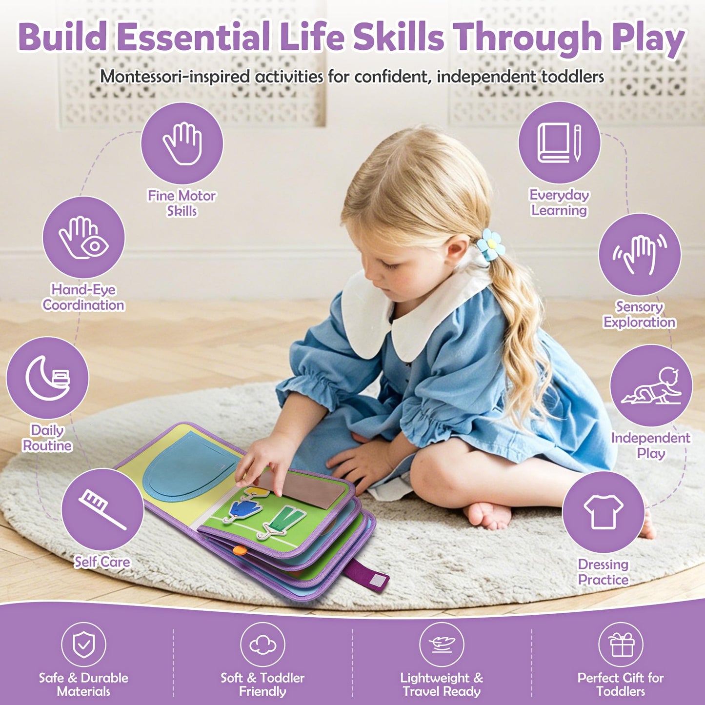 VAXRINO Busy Book for Toddlers 1-3,Montessori Daily Life Felt Activity Book