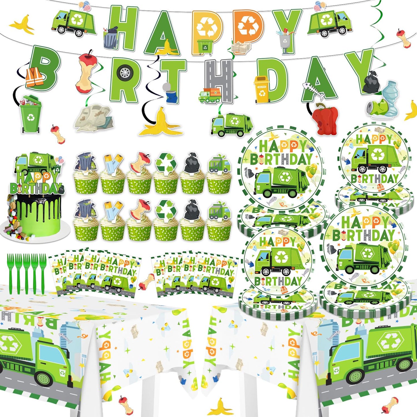 Diosnase Trash Truck Birthday Decorations, Garbage Truck Party Supplies for 20 Guests with Banner, Hanging Swirls, Tablecloths, Plates, Napkins