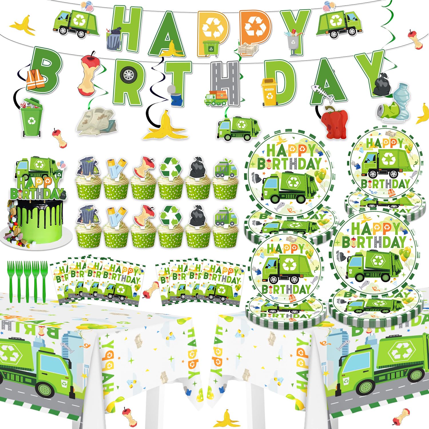 Diosnase Trash Truck Birthday Decorations, Garbage Truck Party Supplies for 20 Guests with Banner, Hanging Swirls, Tablecloths, Plates, Napkins