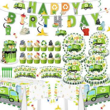 Diosnase Trash Truck Birthday Decorations, Garbage Truck Party Supplies for 20 Guests with Banner, Hanging Swirls, Tablecloths, Plates, Napkins