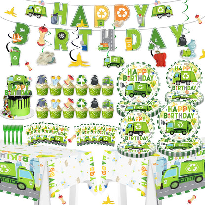 Diosnase Trash Truck Birthday Decorations, Garbage Truck Party Supplies for 20 Guests with Banner, Hanging Swirls, Tablecloths, Plates, Napkins