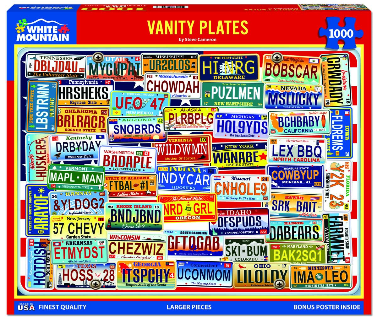 White Mountain 1000 Piece Jigsaw Puzzle State License, Vanity Plates