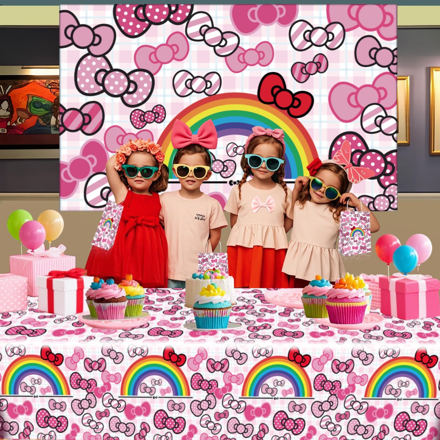3Pcs Pink Bow tie Happy Birthday Decorations, Cartoon Cat Birthday Party Tablecloth, Disposable Rectangle Table Cover for Girls Party Theme