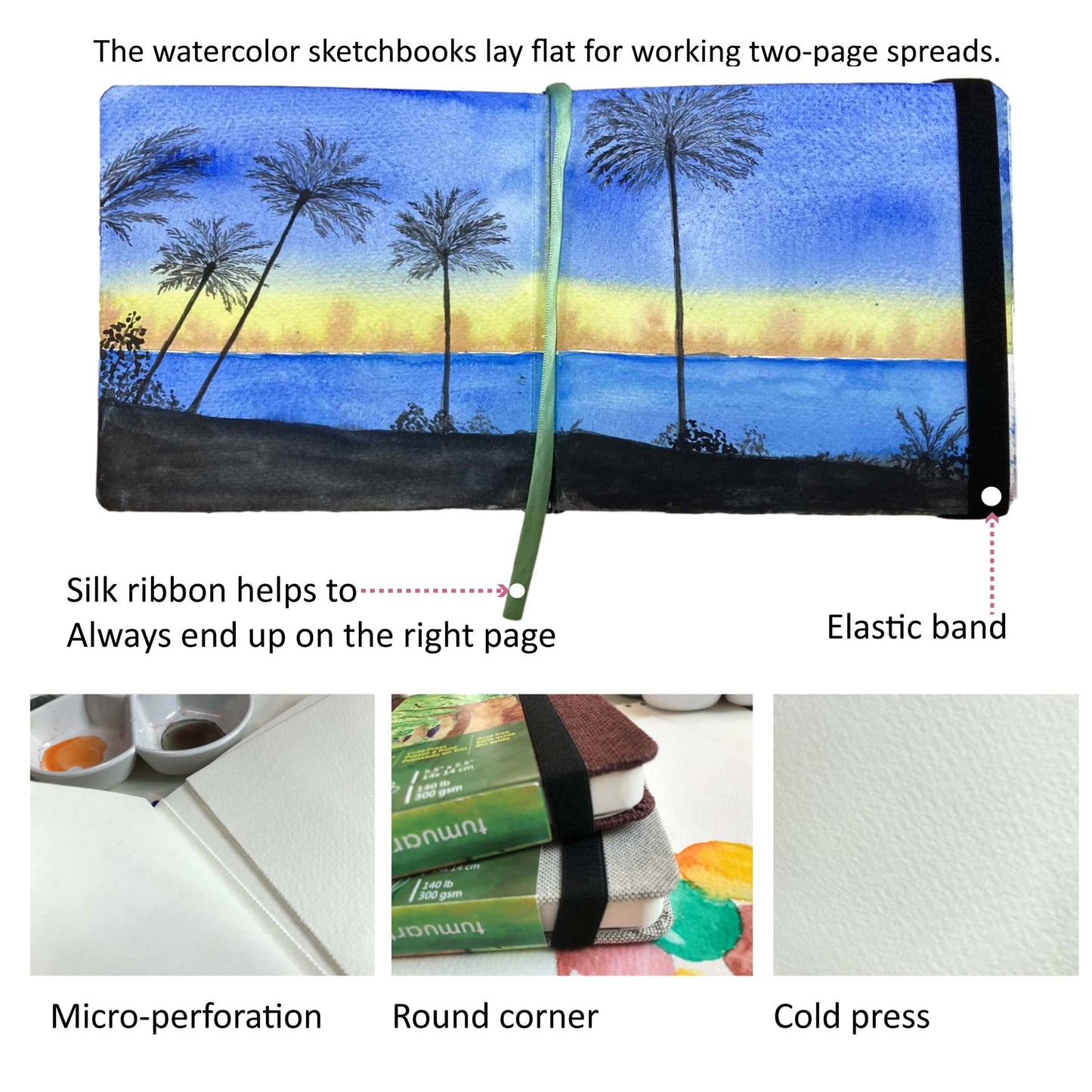 tumuarta Square Watercolor Journal, 5.5x5.5”, 140 LB, 300 GSM, Cotton Paper, Cold Press, 24 Sheets, 48 Pages, Watercolor Paper SketchBooks for Use As