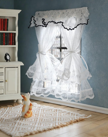 iLAND 1/12 Scale Accessories Miniature Dollhouse Curtains Delicate White Sheer Lace Curtains with Blue Trim 2PCS for Dollhouse Windows Furniture Cute