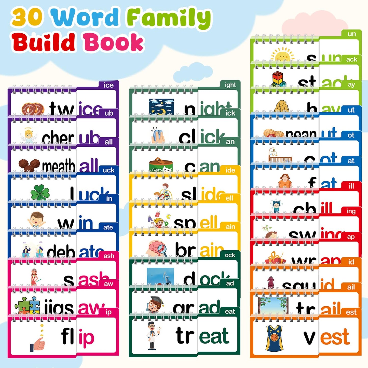 Word Family Build Book, 30 Read and Rhyme Flip Activity Book, ABC Vocabulary Flash Cards CVC Words Reading Games for Kids Ages 3-8 Preschool Learning
