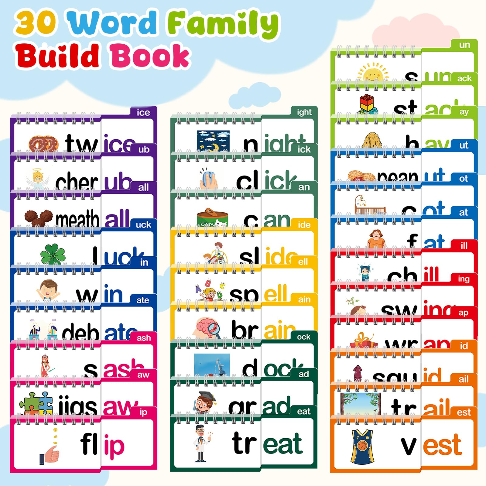 Word Family Build Book, 30 Read and Rhyme Flip Activity Book, ABC Vocabulary Flash Cards CVC Words Reading Games for Kids Ages 3-8 Preschool Learning