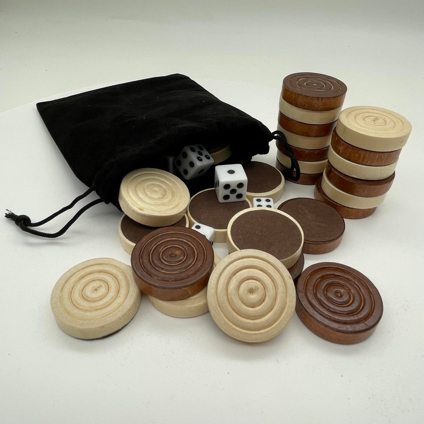 30 Pieces Wooden Backgammon Checkers Replacement set Checker Board Games Playing Game Chips with 5 Dice , High quality come with Drawstring Storage