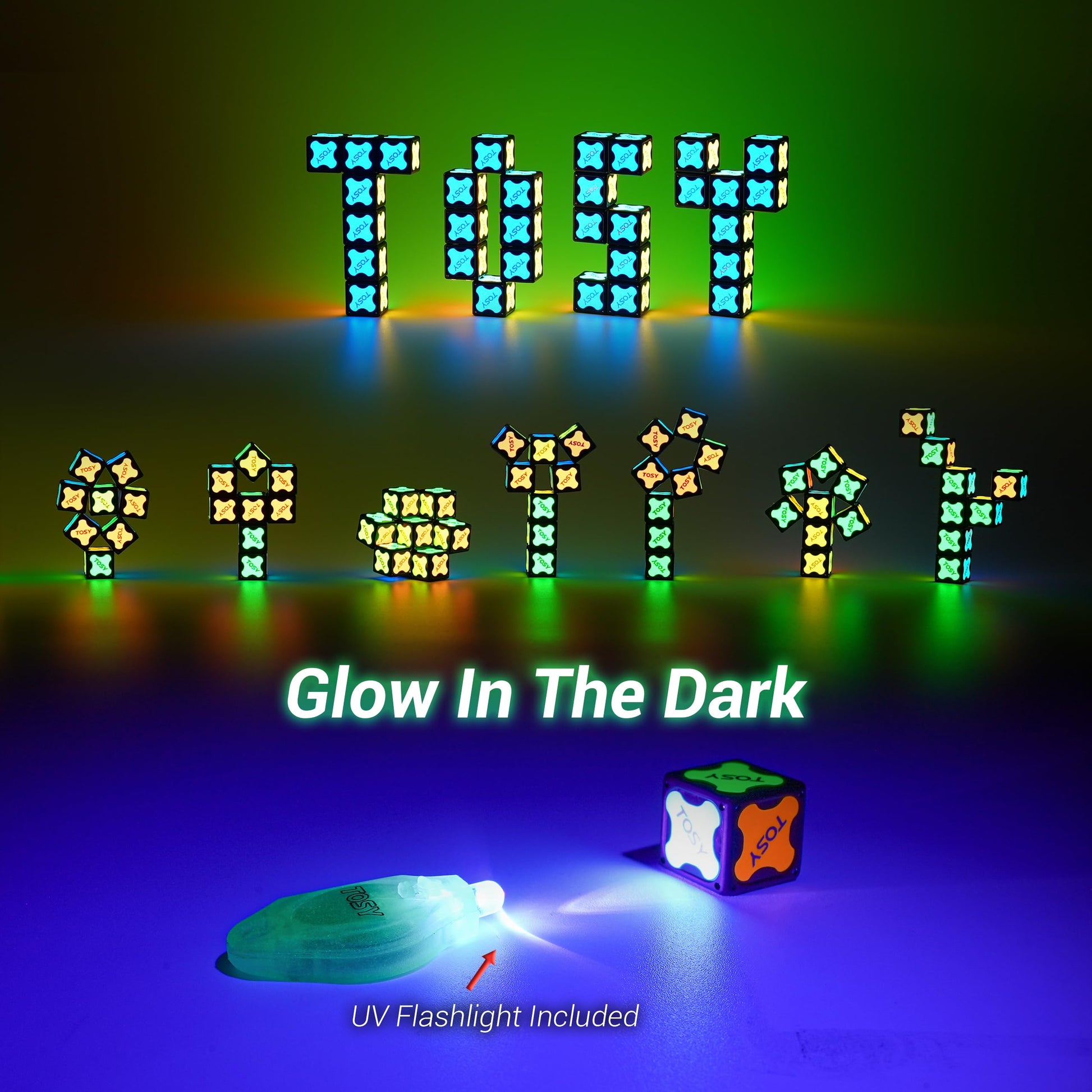 TOSY Magnet Cube 2x2 - 8 Blocks, 2 in 1 Toy: 2x2x2 Puzzle Cube and Customizable Infinity Cube, Glowing, UV Flashlight, Fidget/Sensory/STEM/STEAM