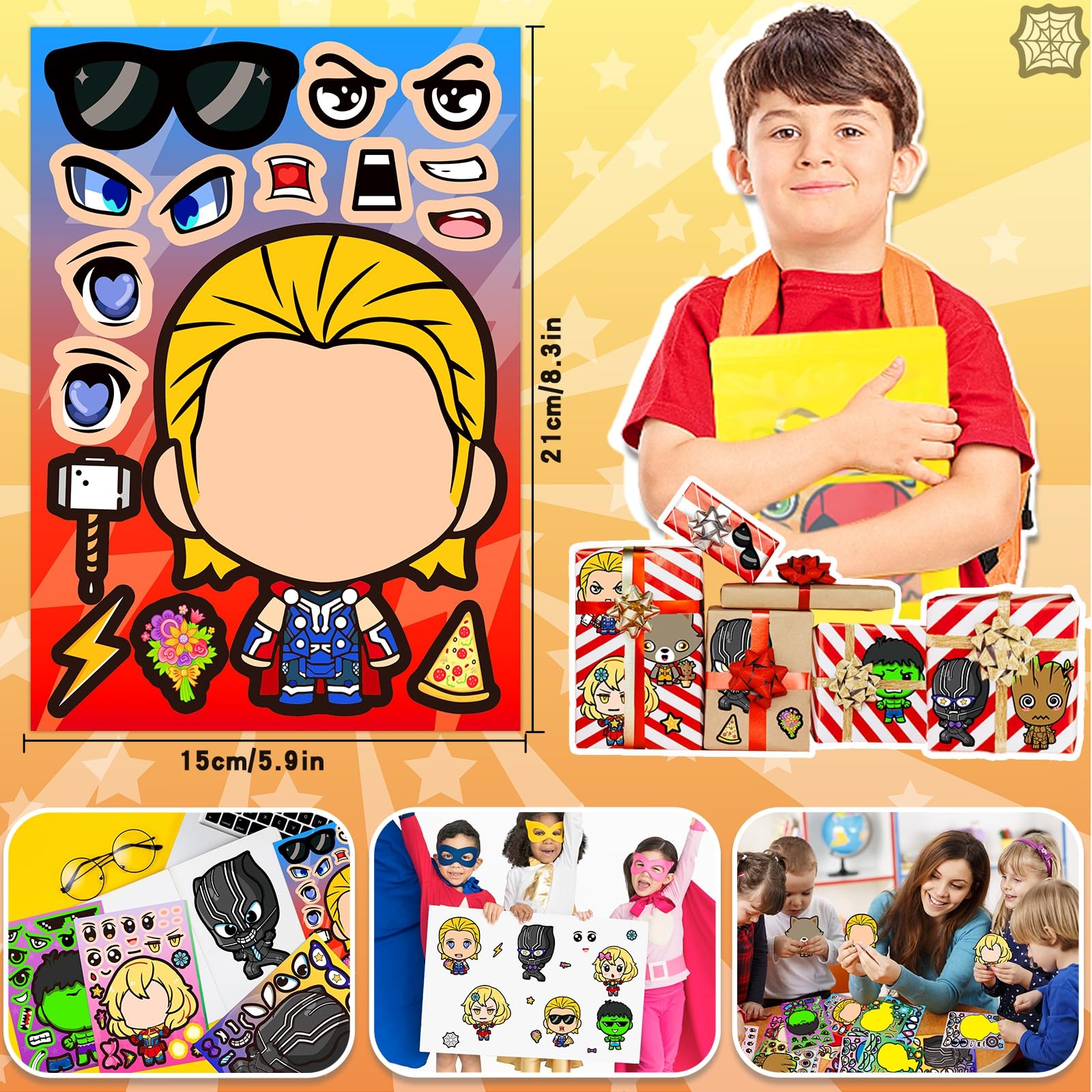 48 Sheets Make Your Own Stickers for Kids, DIY Make Superhero Face Stickers for Boys Girls, Party Favors Supplies Art Craft Family School Reward