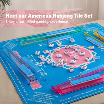 Kyerlish American Mahjong Tile Set with Pink Printed Carrying Bag, 166 Blue Tiles, 4 All-in-One Color Racks/Pushers, Mah Jongg Sets, Mahjong Game Set