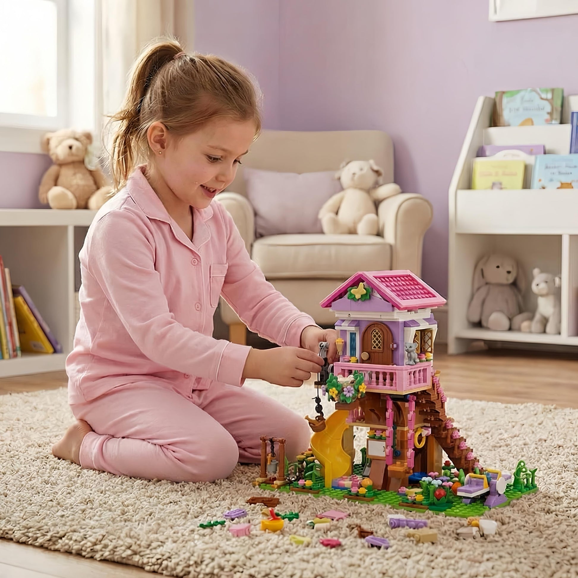 Aigidusansu Pink Tree House Building Set, 685 Pcs Forest House Building Kit, Birthday Gift for Kids Girls Boys Age 6-12 Years (Packed in Bags)