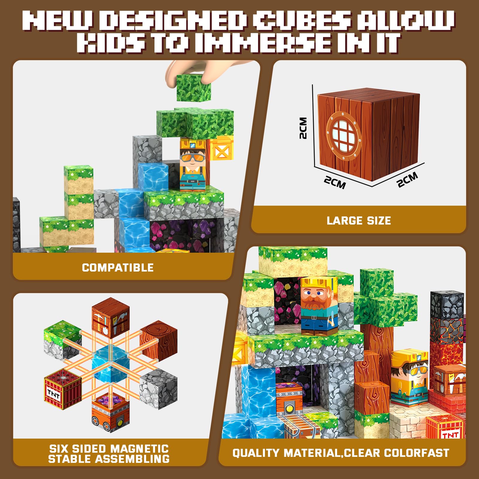 FunsBloomify Magnetic Blocks 120PCS Cave Adventure | STEM Educational Building Toys for Kids Age 3+, Creative Stacking Construction Set with 0.8in