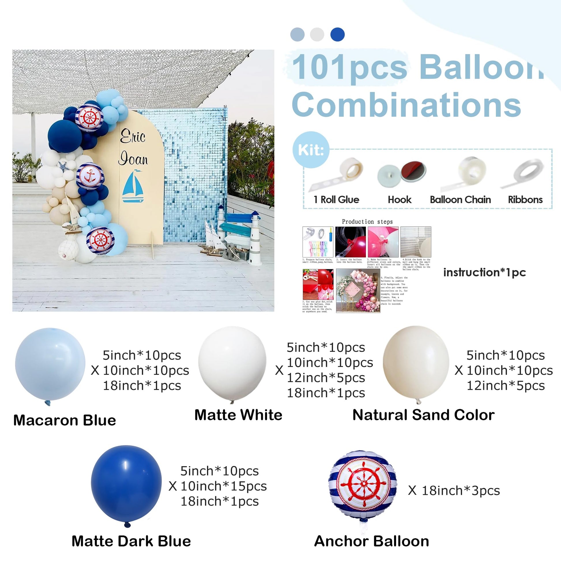 MYDECORBL Balloon Garland Kit,101PCS 5 10 12 15 18 Inch Dark Blue Nautical Anchor Party Balloons for Birthday Baby Shower Navigation Theme Sailor