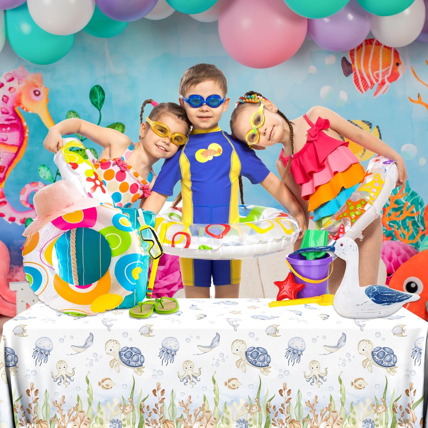 GREHUMOR 3Pcs Ocean Tablecloth Decoration Under The Sea Theme Party Supplies Sea Turtles Disposable Plastic Table Covers Underwater Sea Life Table