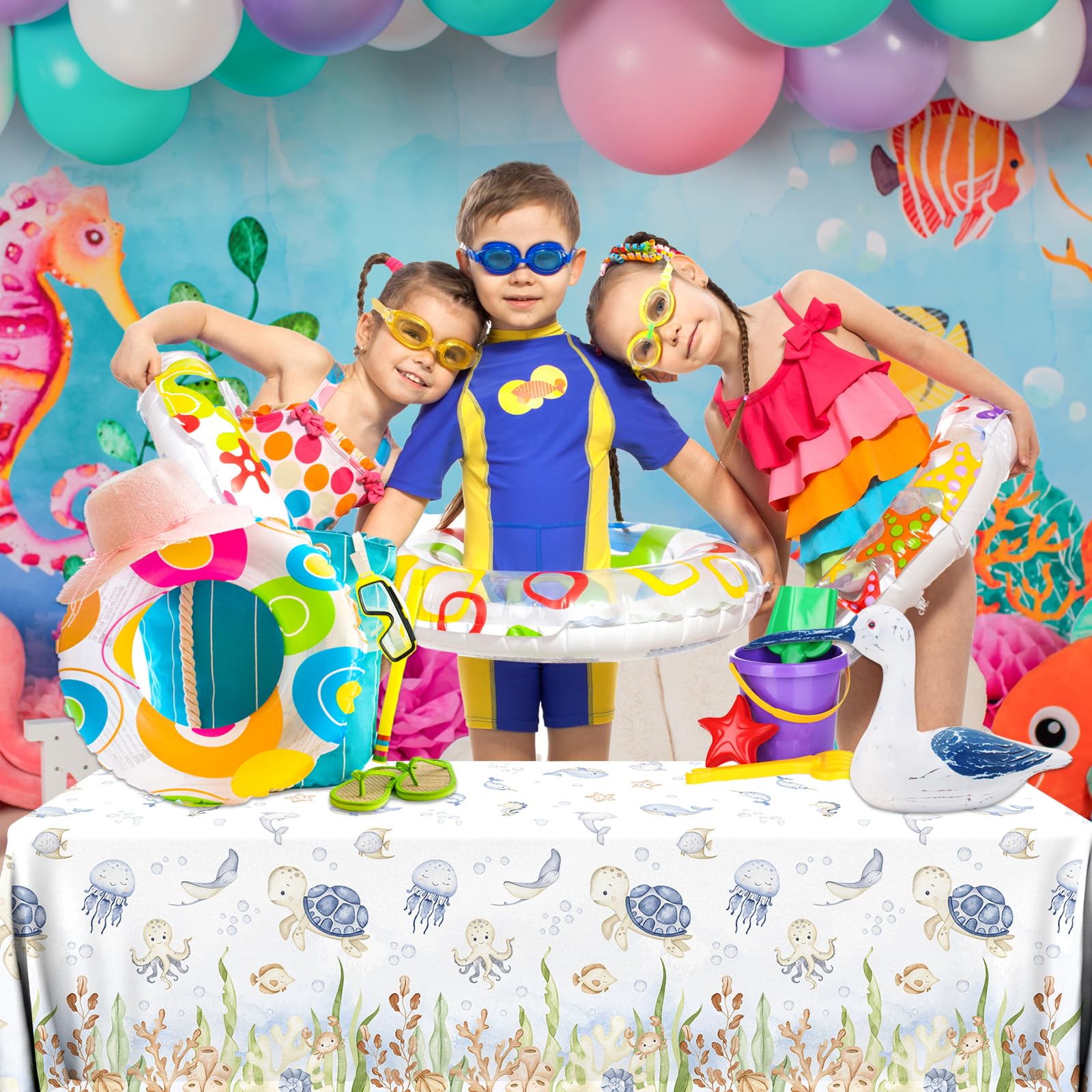 GREHUMOR 3Pcs Ocean Tablecloth Decoration Under The Sea Theme Party Supplies Sea Turtles Disposable Plastic Table Covers Underwater Sea Life Table