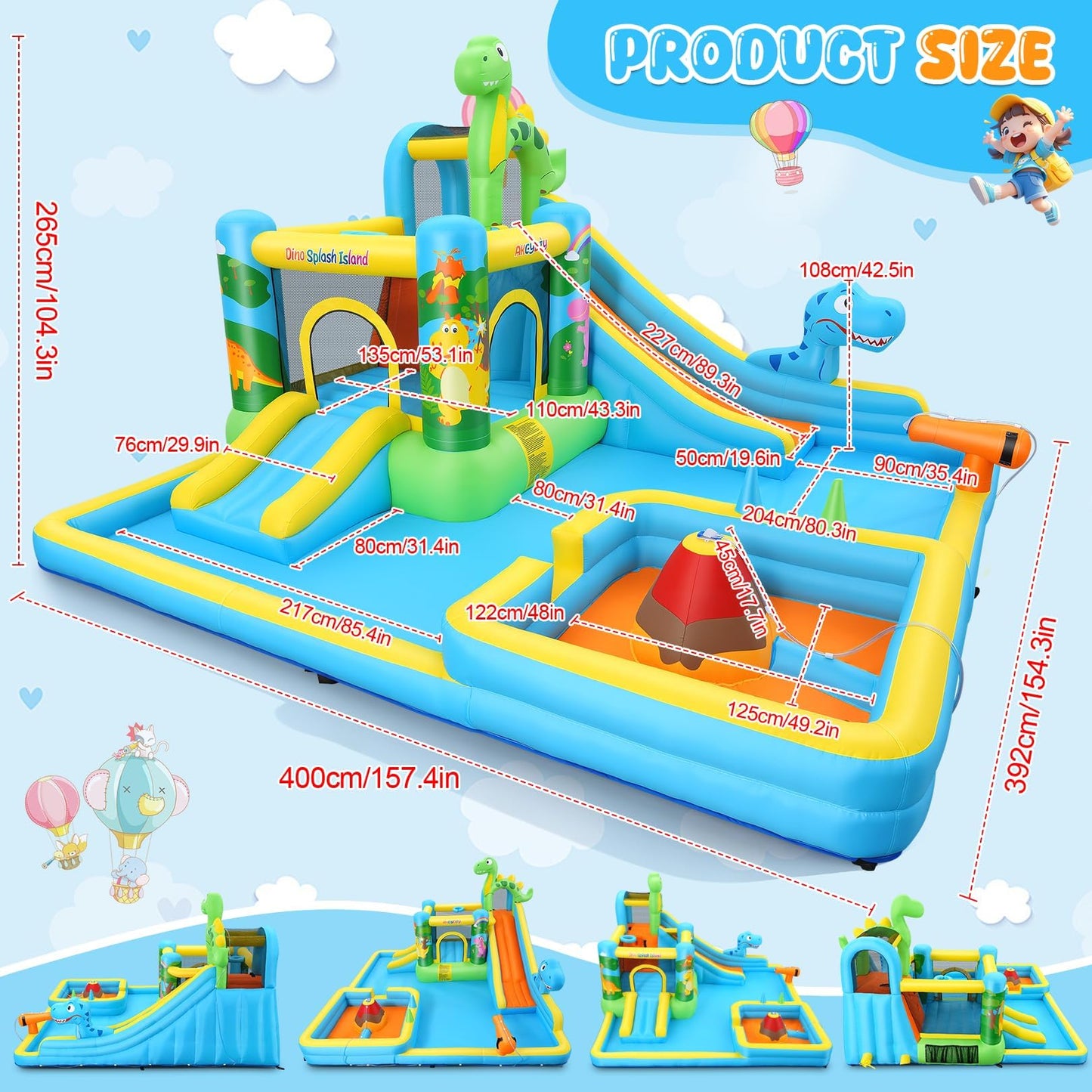 AKEYDIY Inflatable Water Slide Bounce House Combo, Large Bounce House for Kids 3-12, Long & Short Slides, Splash Pool, Boxing Pillar, 550W Blower