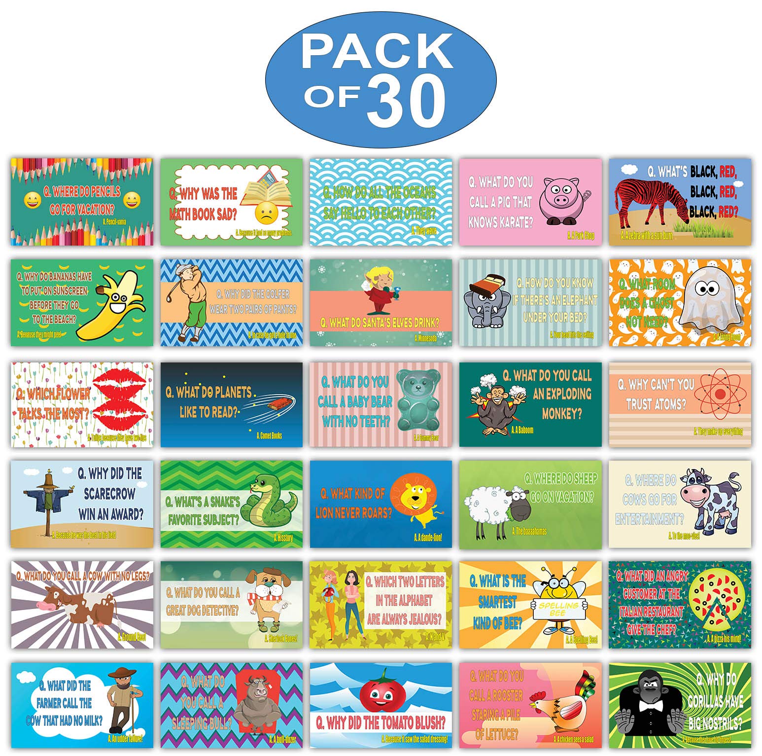 Creanoso Silly and Hilarious Lunch Box Jokes Flashcards for Children (30 Cards x 1 Set) - Lunch Box Note Cards - Funny and Silly Jokes Cards - Premium