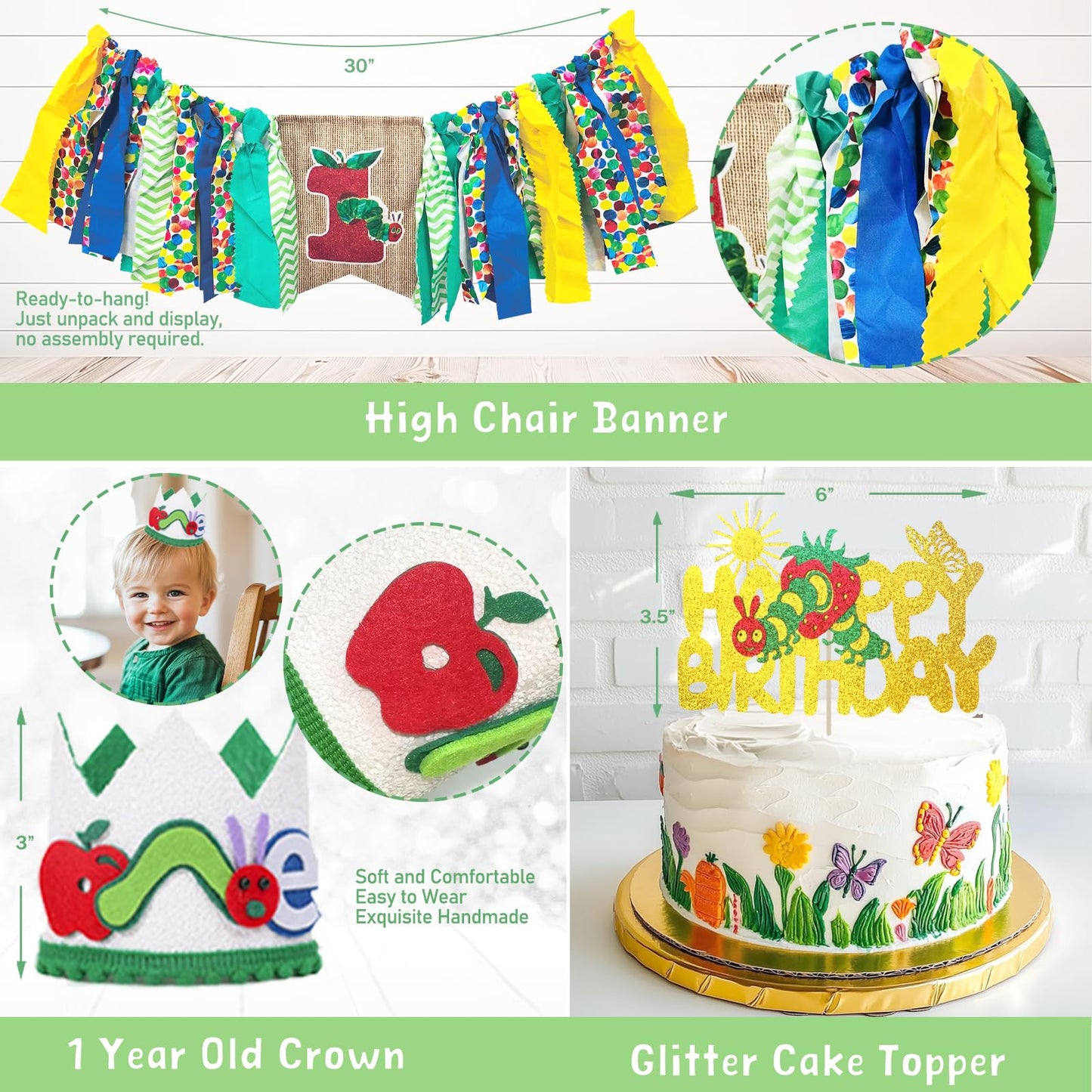 Homond Green Caterpillar 1st Birthday Decorations, Fruit Theme Decorations - Backdrop Number One Balloon Highchair Banner Box Crown, Very Cartoon