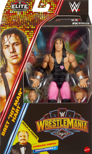 Mattel WWE Elite Collection Action Figure & Accessories, Premium Live Event Bret Hart Set, Wrestlemania with Howard Finkel Build-A-Figure Parts
