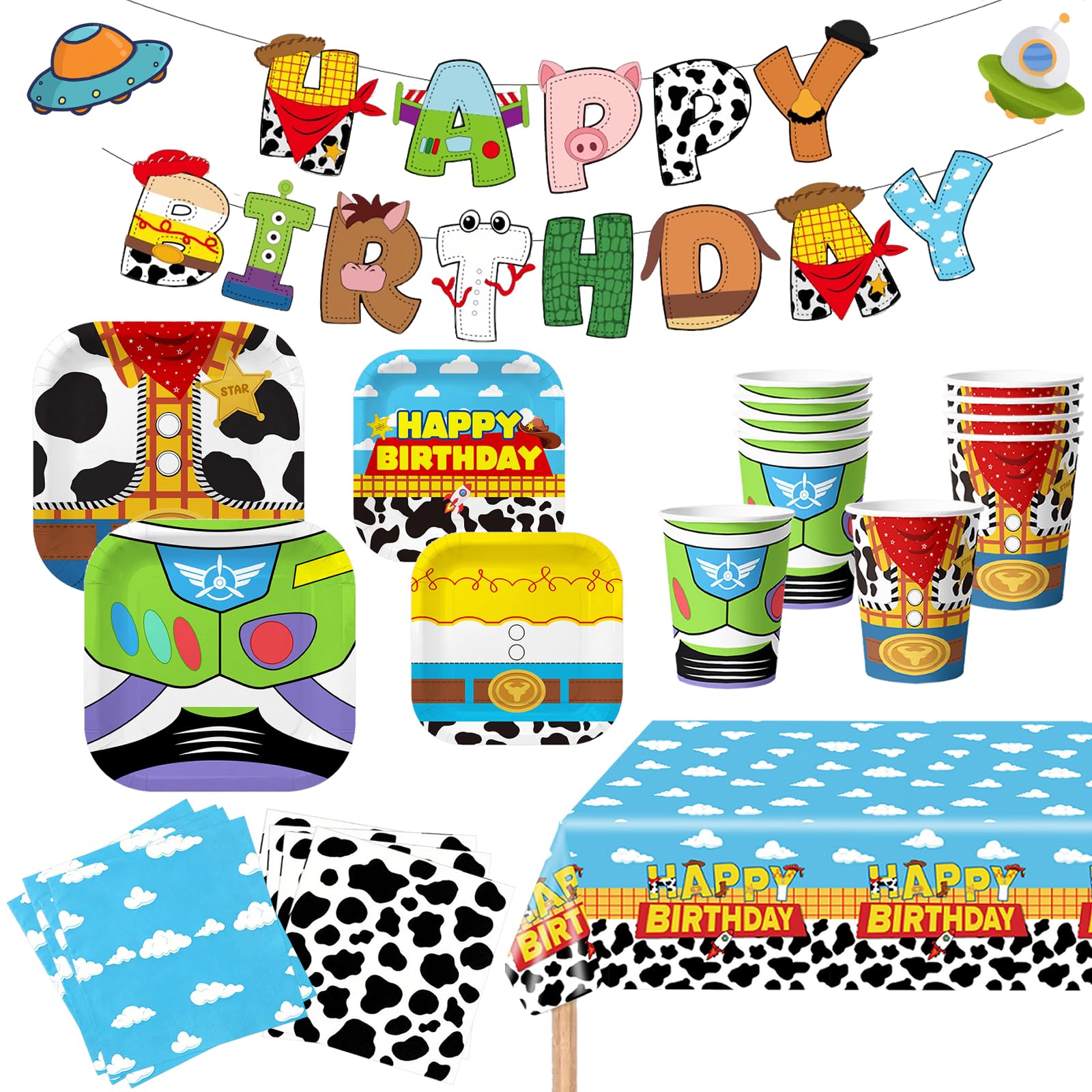 WPDISCZ Cartoon Toy Theme Party Supplies Toy Disposable Tableware Set Include Paper Plates Napkins Cups Banner Tablecloths for Toy Birthday Party