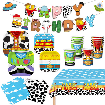 WPDISCZ Cartoon Toy Theme Party Supplies Toy Disposable Tableware Set Include Paper Plates Napkins Cups Banner Tablecloths for Toy Birthday Party