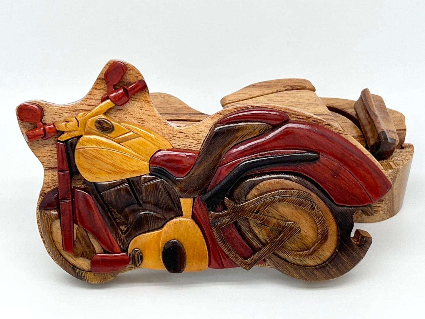The Handcrafted Motorcycle Wooden Puzzle Box - Hand Carved Wood Trinket Box - All Natural Intarsia Wood Art