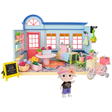 Honey Bee Acres in Bloom Flower Shop, Complete Dollhouse with Miniature Doll Figure, 59 Pieces