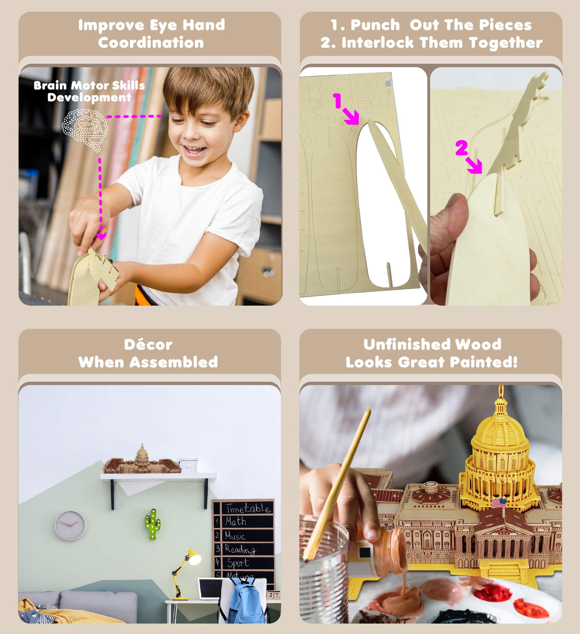 Puzzled 3D Puzzle The US Capitol Building Wood Craft Construction Model Kit Educational DIY Wooden Toy Assemble Model Unfinished Crafting Hobby Puzzle