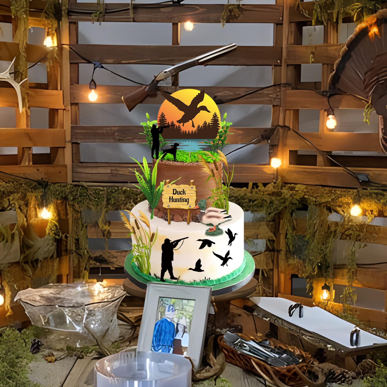 20Pcs Mallard Duck Cake Topper, Duck Birthday Glitter Cake Decoration Set, Baby Shower Gone Hunting Theme Party