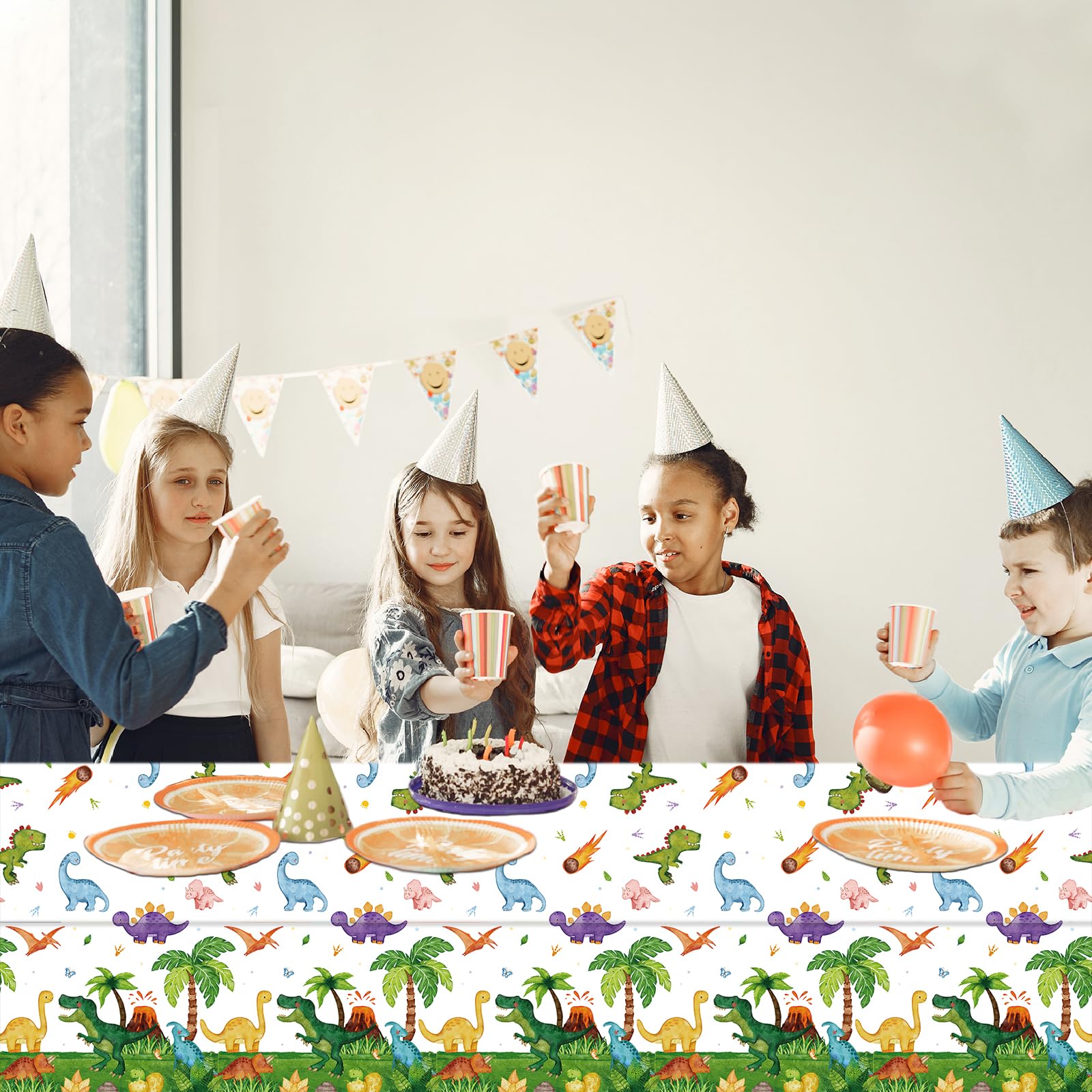 SpinLaLa 3-Piece 54 x 108 Inch Dinosaur Theme Plastic Tablecloth - Disposable Rectangle Table Cover for Dining, Picnic, Birthday, Baby Shower, Dino